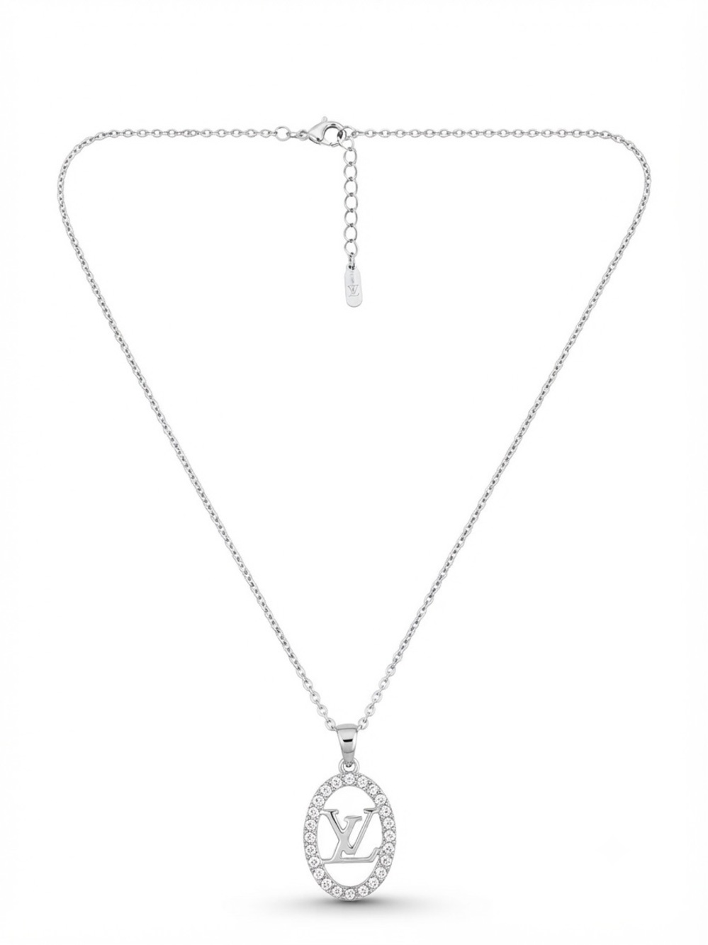 Silver Tone Crystal-Accent Oval Lettered Pendant Necklace